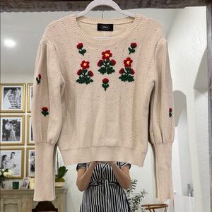 Cider Beige Sweater with Red and Green Floral Embroidery
